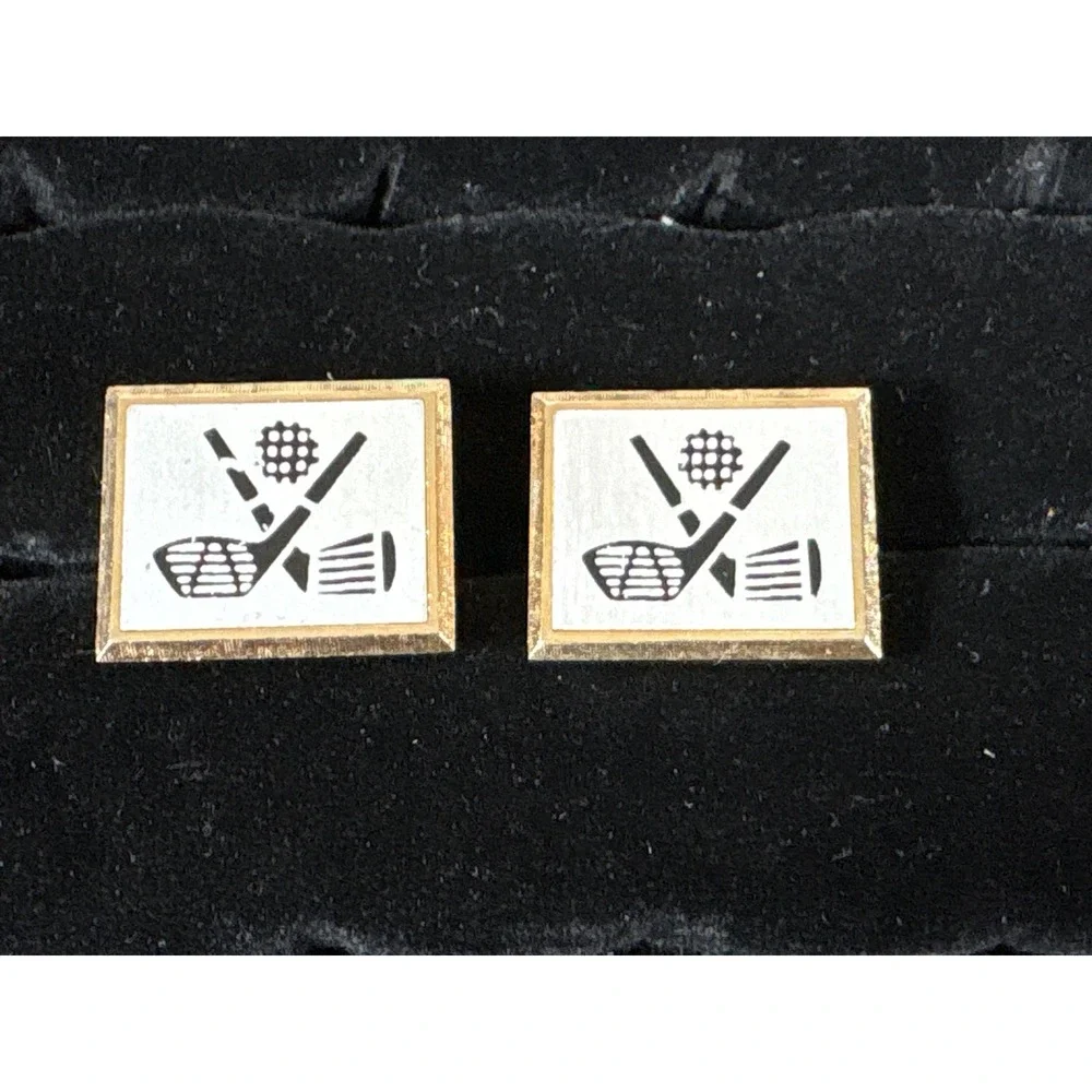 Vintage Swank Golf Cufflinks Gold Tone Rectangular Crossed Clubs White Black